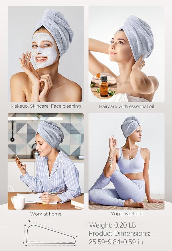 Hicober Microfiber Hair Towel, 3 Packs Hair Turbans for Wet Hair, Drying Hair Wrap Towels for Curly Hair Women Anti Frizz (Grey,Blue,Grey)