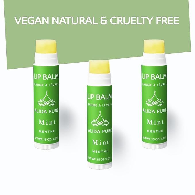 ALIDA PURE Mint Lip Balm Collection, Vegan Lip Balm, Beeswax Free, with Avocado Oil, Organic Jojoba Oil, and Vitamin E, for Dry, Chapped, or Cracked Lips, 3 Tube Set