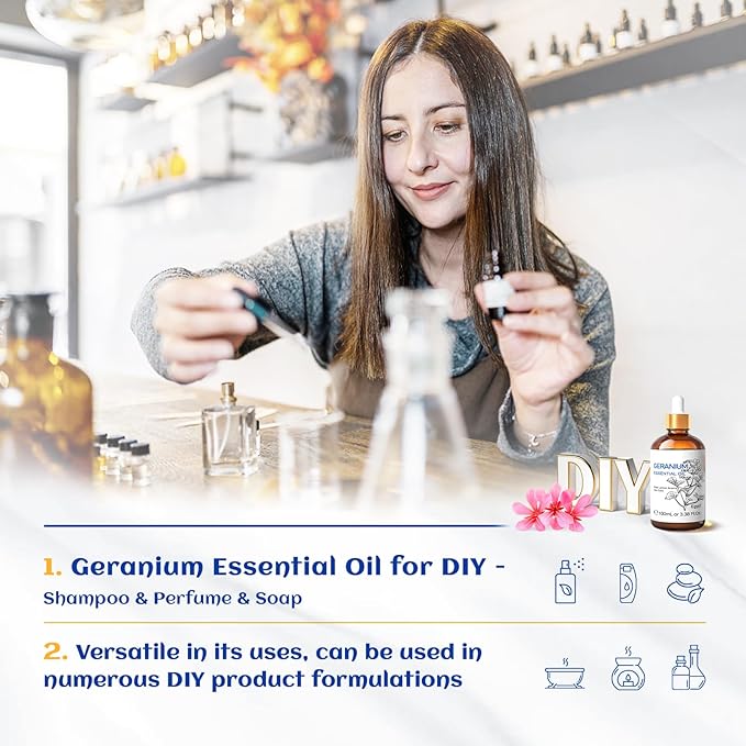 HIQILI 100ML Geranium Essential Oil for Skin, Diffuser & Candle, 100% Pure and Natural - 3.38 Fl Oz
