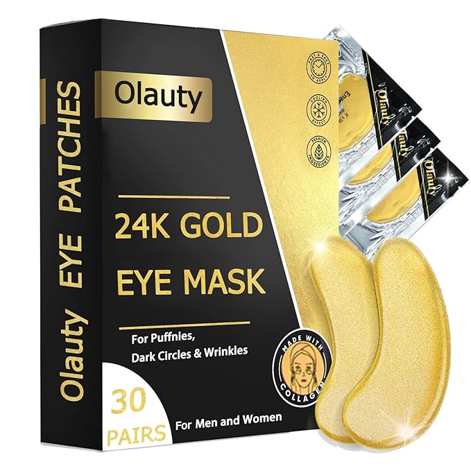 Eakroo 30 Pairs Golden Under Eye Patches, 24k Gold Under Eye Mask Eye Patches for Puffy Eyes, Eye Masks for Dark Circles and Puffiness, Reduces Wrinkle, Fine Lines and Eye Bags, Nourish Skin