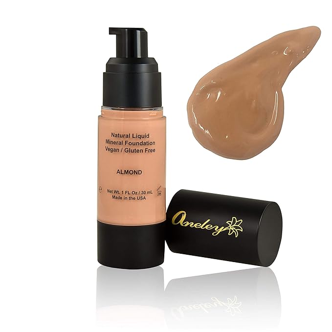 liquid mineral foundation organic natural vegan cruelty free chemical free full coverage aloe base highly pigmented lightweight formula acts as a moisturizer, sunblock and skin care (Almond)