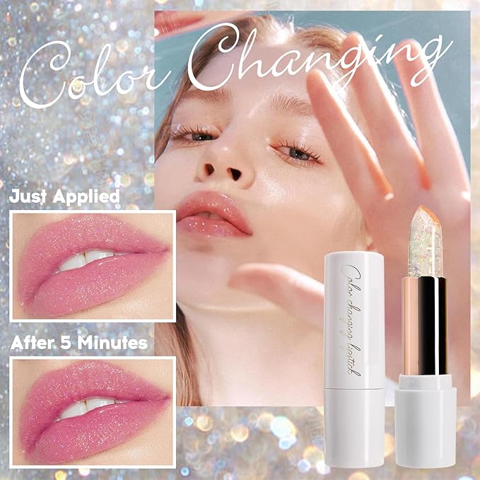 Purple Shimmer Lipstick,Ph Mood Magic Color Changing Lip Balm Plumping Glimmer Glow Lipstick Hydrating Lip Glow Oil Lasting Tinted Lip Balm Moisturizing Lips Care Temperature Jelly Lipstick(5#)