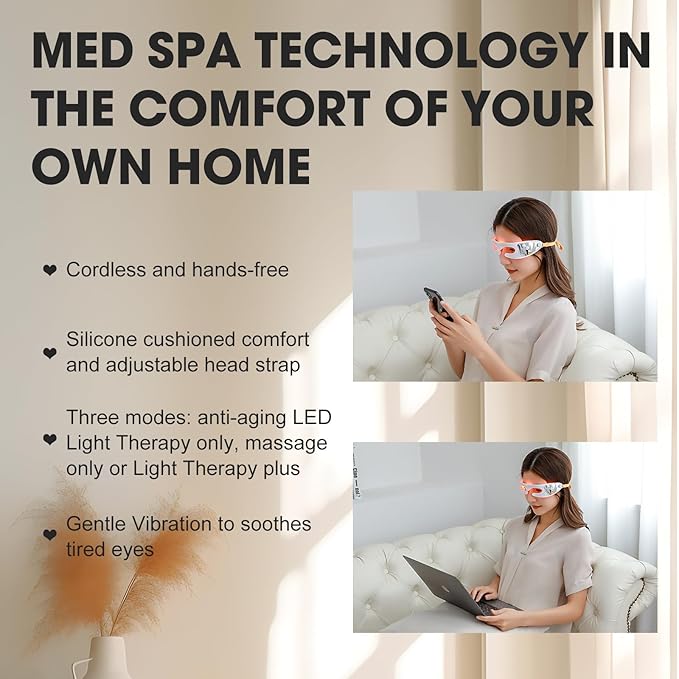 LED Red Light Therapy Eye Device, 3 Modes Red Light Eye Mask with Multi-Frequency Vibration for Anti-Aging, Skin Rejuvenation, Dark Circles, Eye Bags and Wrinkles