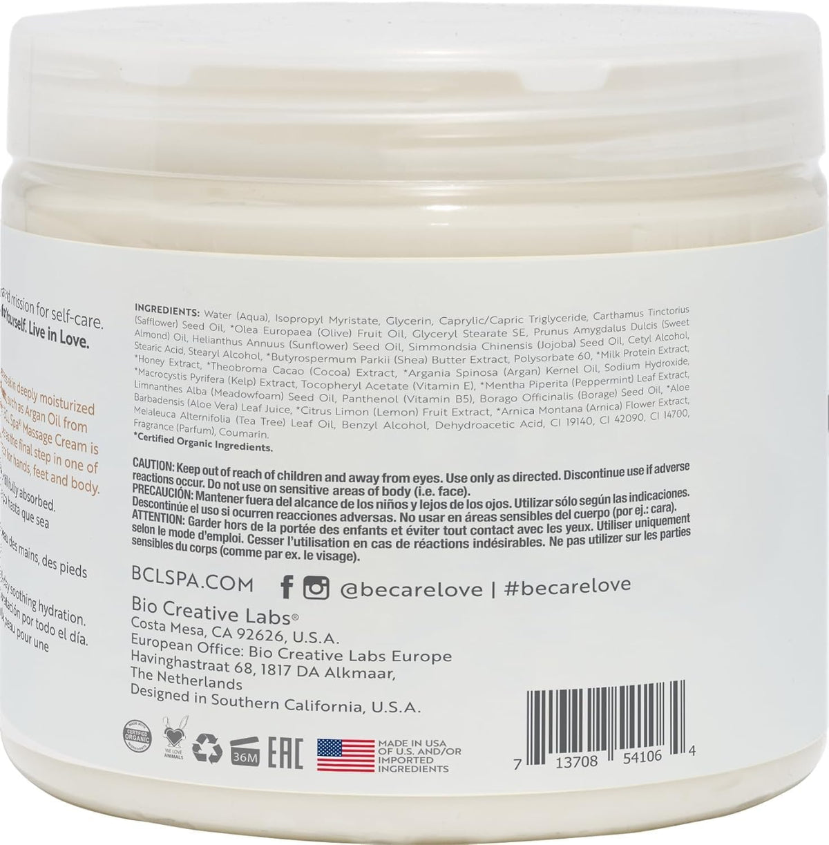 BCL SPA Massage Cream Organic Milk & Honey with White Chocolate Body Lotion, Shea Butter, Aloe Vera, Arnica, Peppermint, Kelp, Tea Tree, Olive, Argan, and Jojoba Oils, Home/Professional Use, 16 fl oz