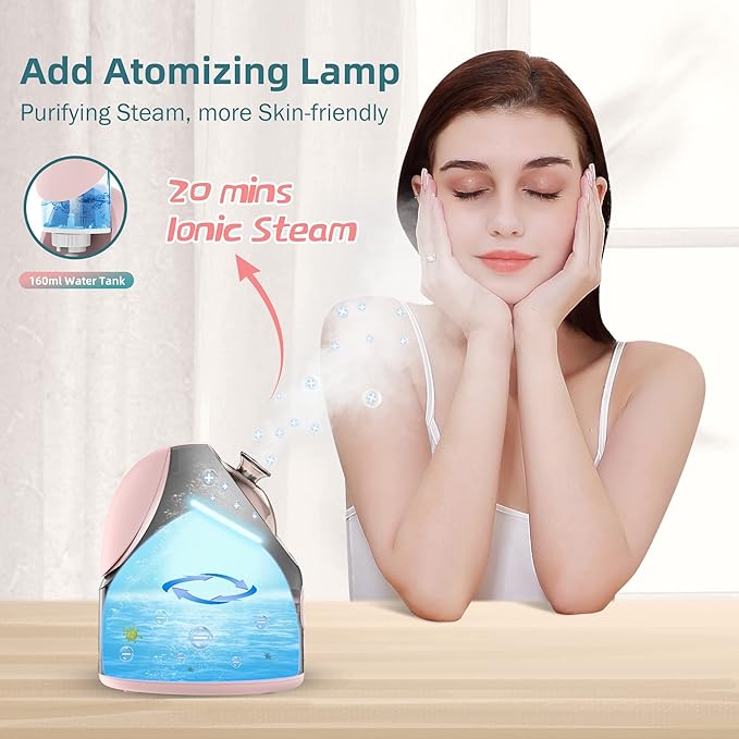 Newbealer Facial Steamer, Mini Aroma Face Steamer, Nano Ionic Hot Mist Facial Humidifier Atomizer, Home Sauna Spa Sprayer Moisturizing Cleansing Pores, 9 Pieces Acne Remover Kit (Pink-Gold, 160ml)