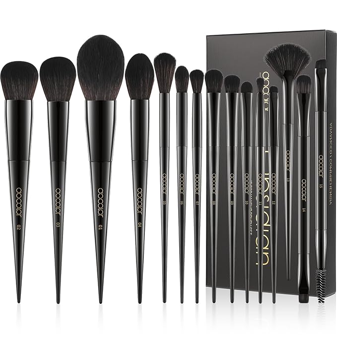Docolor Makeup Brushes 15Pcs Obsidian Makeup Brush Set Premium Synthetic Powder Kabuki Foundation Contour Blush Concealer Eye Shadow Blending Eyeliner Crease Eyebrow Make Up Brush Kit