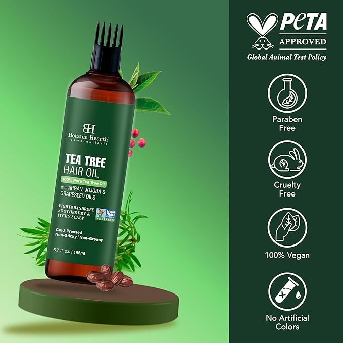 Botanic Hearth Tea Tree Oil For Hair (6.7 Fl Oz) | With Jojoba & Grapeseed Oils | Soothes Itchy Scalp & Fights Dandruff | Non Gmo Verified