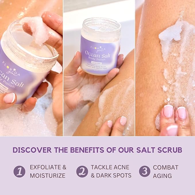 Sea Salt Body Scrub by Florida Suncare - Ocean Salt Body Polish Infused with Marine Algae - Exfoliating Face and Body Scrub -Facial Scrub Exfoliator to Tackle Acne, Scars (Plum & Vanilla Woods, 3.3oz)