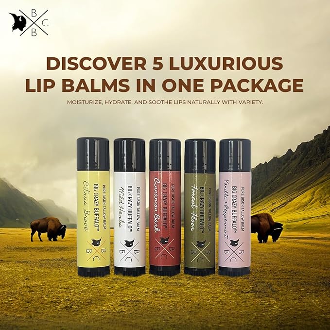 Pure Bison Tallow Lip Balm Set (5 pack) - Moisturizing, Non-Habit Forming, Soothes Chapped Lips, Hydrating