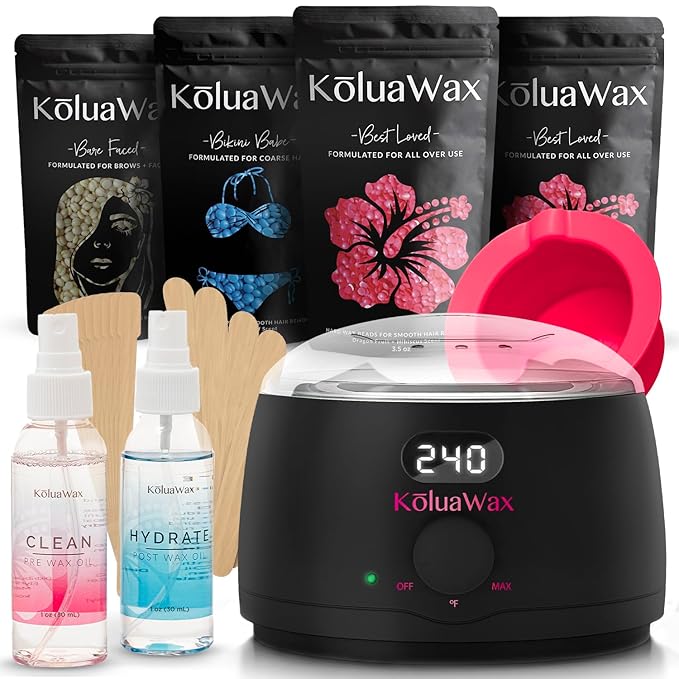 KoluaWax Premium Waxing Kit for Women - Hot Melt Wax Warmer for Hair Removal, Eyebrow, Bikini, Legs, Face, Brazilian Wax & More - Machine + 4-Pack Hard Wax Beads + Accessories, Black