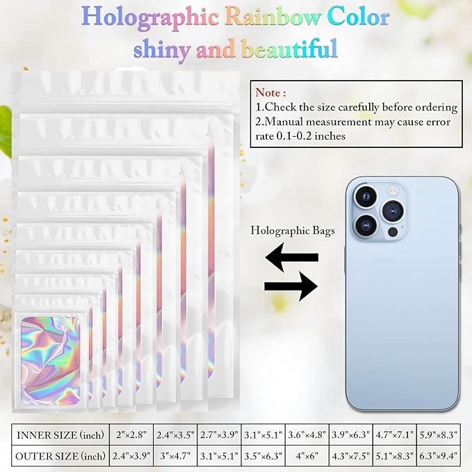 100 Pack Holographic Bags, Smell Proof Packaging Bags, Clear Window Resealable Odor Foil Pouch Mylar Bag for Food Storage and Lipgloss, Jewelry Lash (White, 3 x 4.7 Inch)