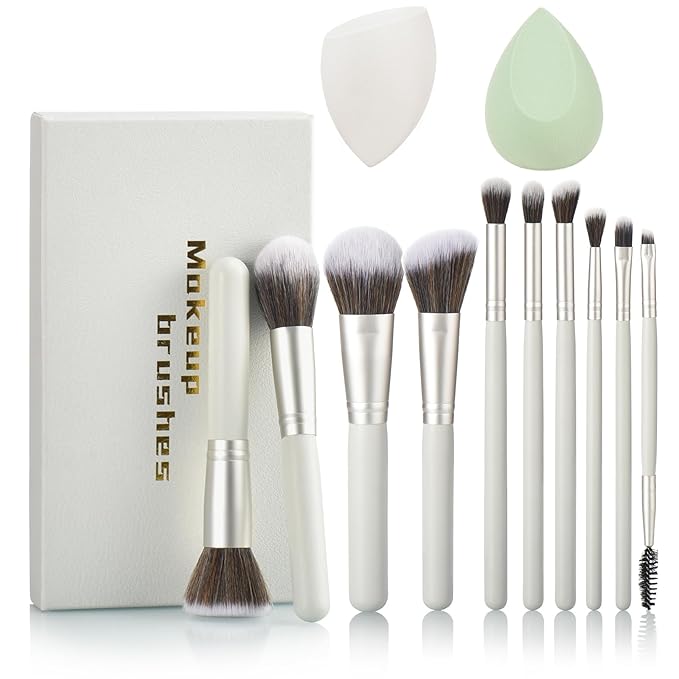 Gift Ready 10 Piece grayish green Makeup Brushs Set and 2 Piece Makeup Sponge – Wooden Handle with Soft Synthetic Bristles, Concealer, Powder – (Ideal for Christmas, Birthday, Women)