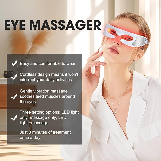 LED Red Light Therapy Eye Device, 3 Modes Red Light Eye Mask with Multi-Frequency Vibration for Anti-Aging, Skin Rejuvenation, Dark Circles, Eye Bags and Wrinkles