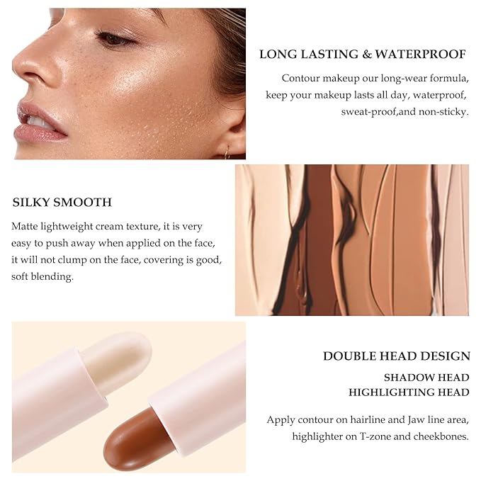 Boobeen Highlight and Contour Stick Dual-ended Contouring Cream Makeup Pencil Kit, Long Lasting & Waterproof Face Bronzer and Highlighter Makeup Stick Shadow Pen, Pack of 1