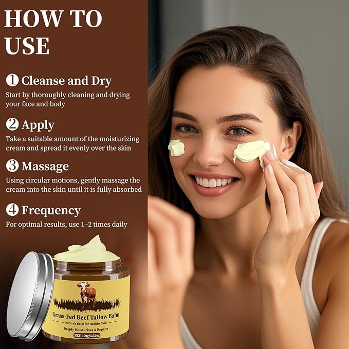 Beef Tallow for Skin, Tallow and Honey Balm, Facial Moisturizer Cream, 100% Organic Grass Fed Whipped Beef Tallow Balm Deeply Moisturizing for Face & Body, Suitable For All Skin Types(3.53oz)