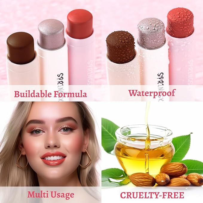 3Pcs Multi-Use Face Makeup Sticks Sets, Blendable Cream Blush Stick For Cheeks Lips, Highlighter Contour Shading Sticks Moisturizer Make Up Sets For Women (02)