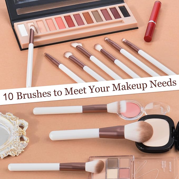 Makeup Brushes Set With Case 10Pcs White Makeup Brush Kit Foundation Eyeshadow Powder Blending Kabuki Eyebrow Eyelash Brushes Cosmetic Brush Travel Kit Gift (White+Brown)
