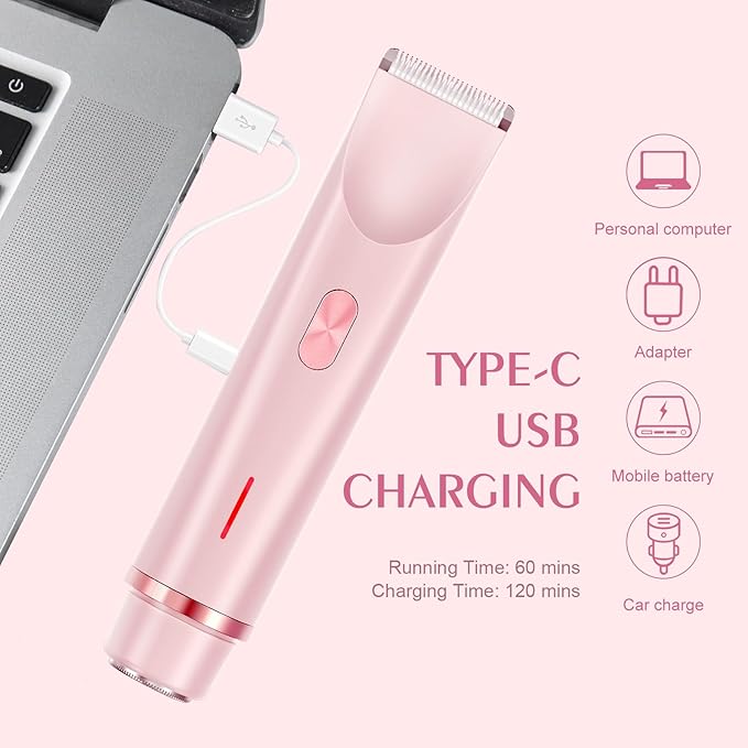 Bikini Trimmer for Women,Dermave Bikini Shaver,2-in-1 Electric Razors for Women(Pale Pink)