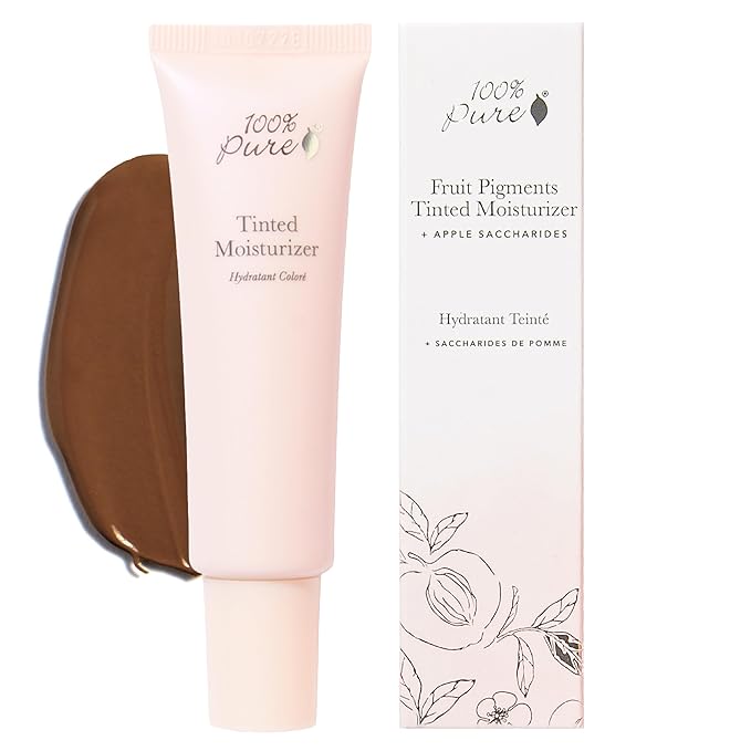100% PURE Tinted Moisturizer Anti-Aging Face Makeup - Fruit Pigmented Cocoa Light to Medium Coverage & Dewy Glow - Lightweight Foundation Deep Skin w/Neutral Undertone - Vegan - 1 Fl Oz