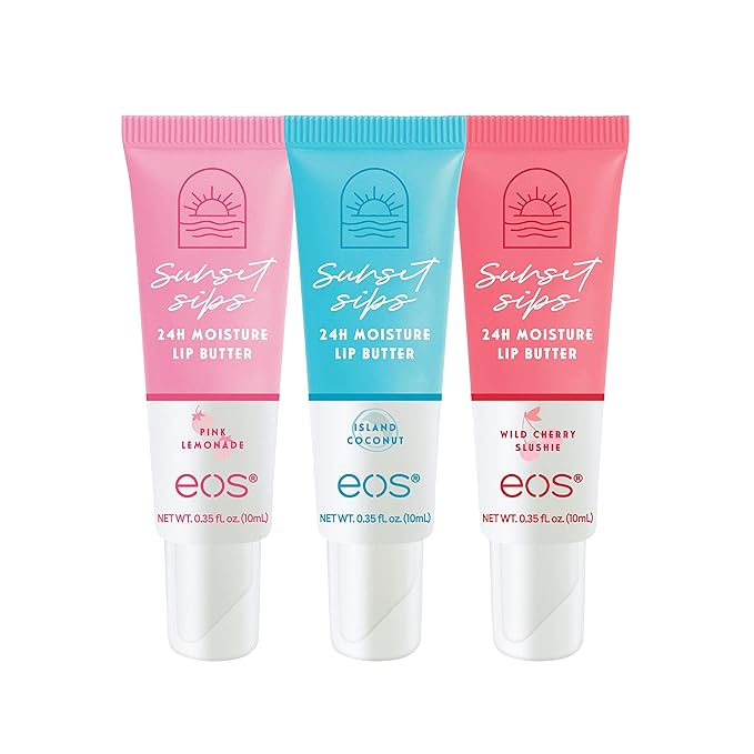 eos Sunset Sips Lip Butter Trio- Includes Pink Lemonade, Island Coconut & Wild Cherry Slushie Flavors, 24-Hour Moisture, Doubles as an Overnight Lip Mask, 3-Pack
