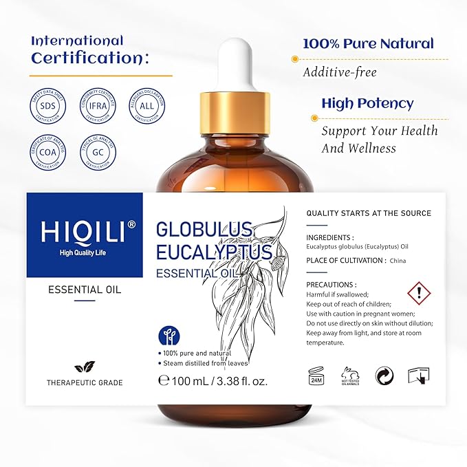 HIQILI 100ML Eucalyptus Essential Oil for Spray, Diffuser & Skin, 100% Pure Undiluted - 3.38 Fl Oz