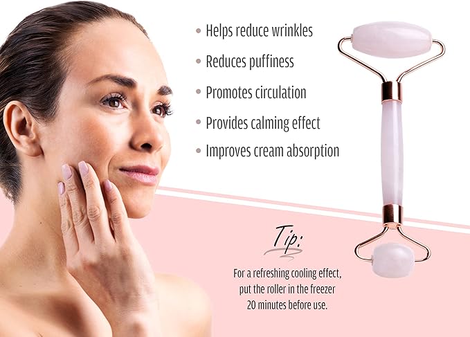 Rose Quartz Roller for Face - Facial Massage Tool for Natural Beauty Skin Care - Pink Face Roller Reduces Dark Eye Circles and Puffiness with 100% Authentic Quartz Crystal
