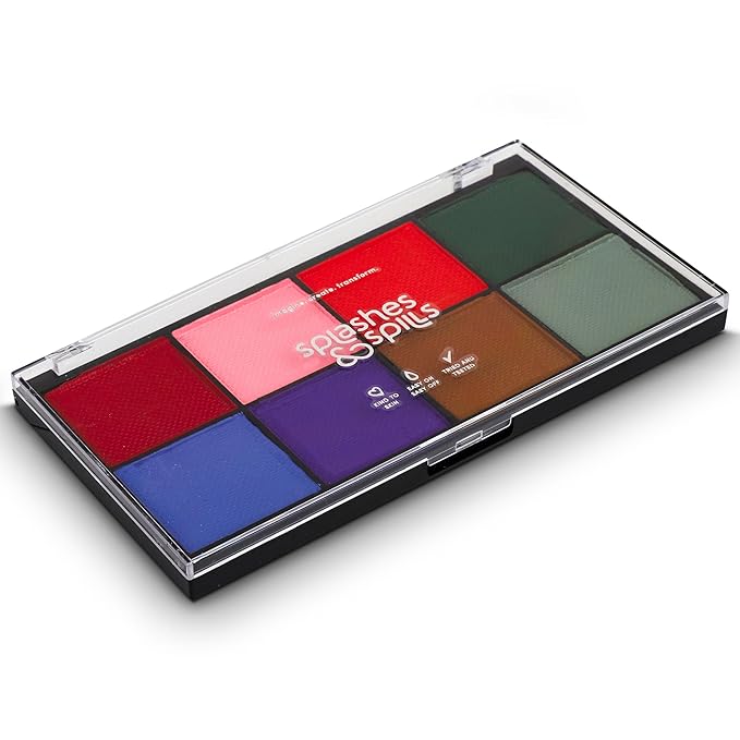 Professional Face Painting Palette - Skin Friendly Face Paint Kit - Cruelty-Free & Vegan Water Based Face Paint Makeup for Theatre, SFX & Halloween- 8 Colors 5g Each- Splashes & Spills- Regular Colors