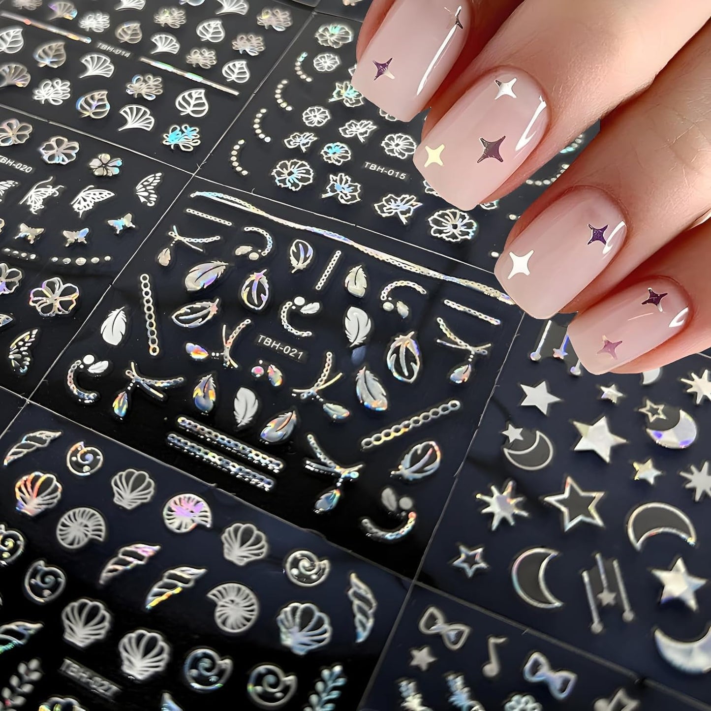 30 Sheets Aurora Nail Art Stickers Heart Star Nail Decals 3D Self-Adhesive Holographic Laser Star Nail Stickers Glitter Flower Butterfly Pattern Acrylic Design for Women Girls DIY Nail Art Decoration