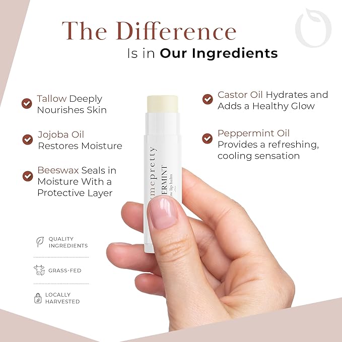 Peppermint Lip Balm, Ultra-Soothing, Deeply Hydrating Tallow Lip Balm with Grass Fed Beef Tallow, Beeswax, Jojoba Oil & More, Non Toxic Lip Care, Made in the USA, 0.15 Oz.