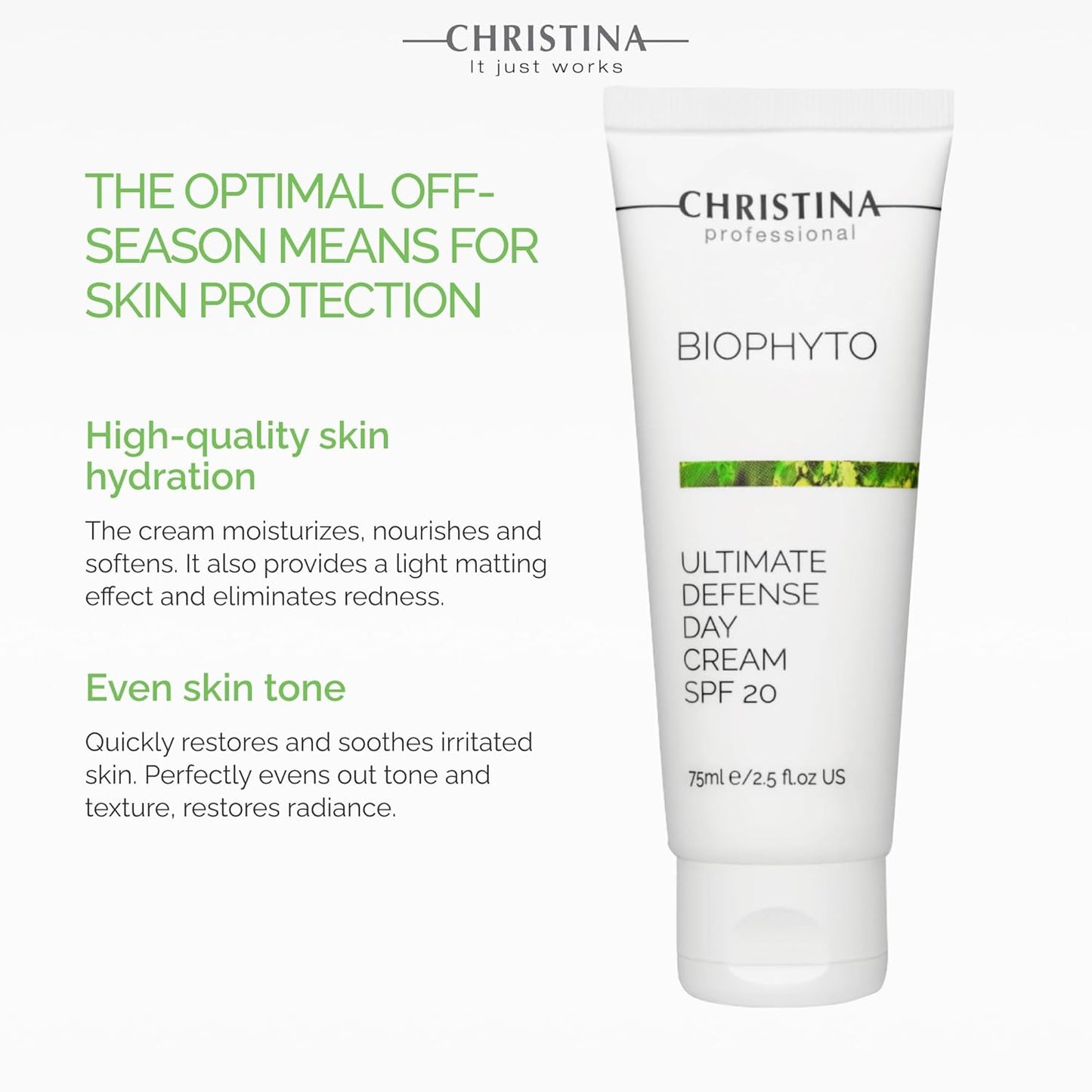 Christina Bio Phyto Ultimate Defense Day Cream Moisturizer with SPF 20-75 ml - Broad Spectrum UVA/UVB Protection Facial Moisturizer with Hyaluronic Acid & Vitamin B12- For Normal & Combination Skin