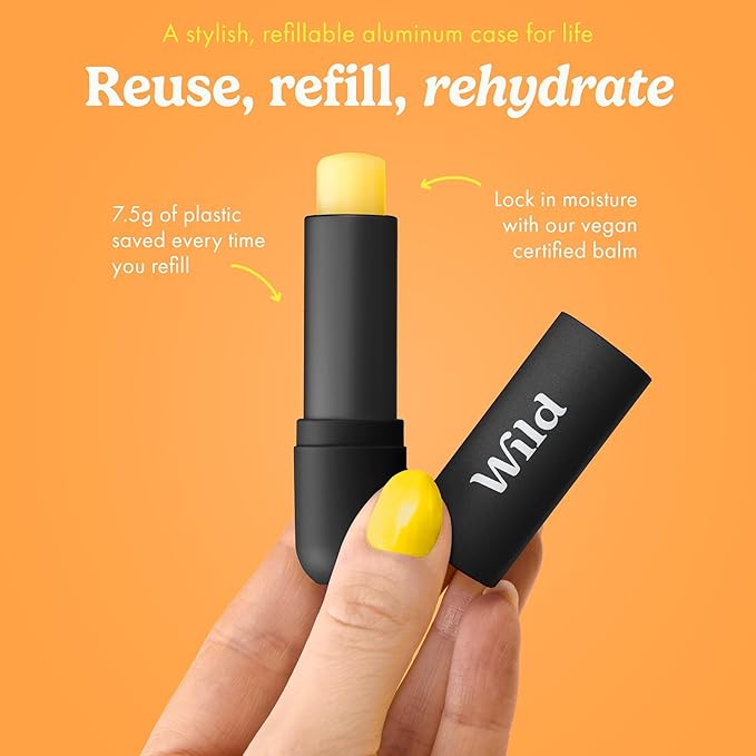 Wild Refillable Lip Balm Starter Kit - Includes Black Aluminum Case & 3 Pack Lip Balm Refills in a Variety of Scents - Includes Passionfruit Swirl, Original and Coconut & Vanilla Scents