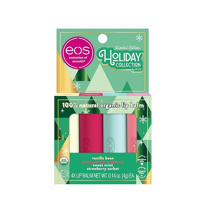 EOS Limited Edition Holiday Lip Balm Variety Pack, 100% Natural & Organic, All-Day Moisture, Made for Sensitive Skin, 0.14 oz, 4-Pack, Clear