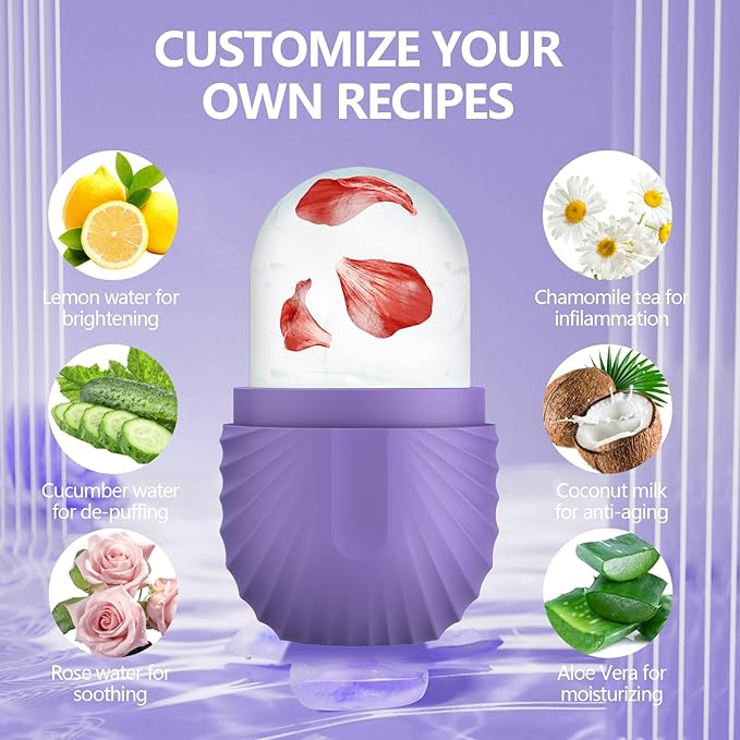 Ice Roller for Face and Eye, Silicone Ice Facial Roller Ice Holder, Face Ice Mold Skin Care, Face Icers Reusable Ice Cube Roller for Shrink Pores Anti Wrinkle Reduce Puffiness, Purple