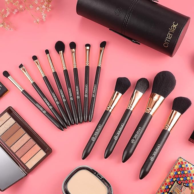 OMANIAC Makeup Brush Set Professional, 12 Pearlescent Wood Handle Makeup Brushes, Premium Cruelty-Free Synthetic Fiber Hair, Travel Make up Brushes Set with Case (Black).