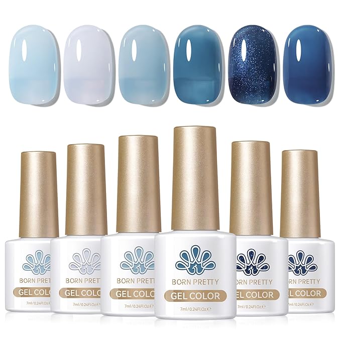 BORN PRETTY Jelly Blue Gel Nail Polish Set 6 Colors Translucent Light Blue Baby Blue Royal Blue Reflective Glitter Blue Nail Gel Kit Soak Off Nail Art Manicure Design Home Salon Holiday Gift