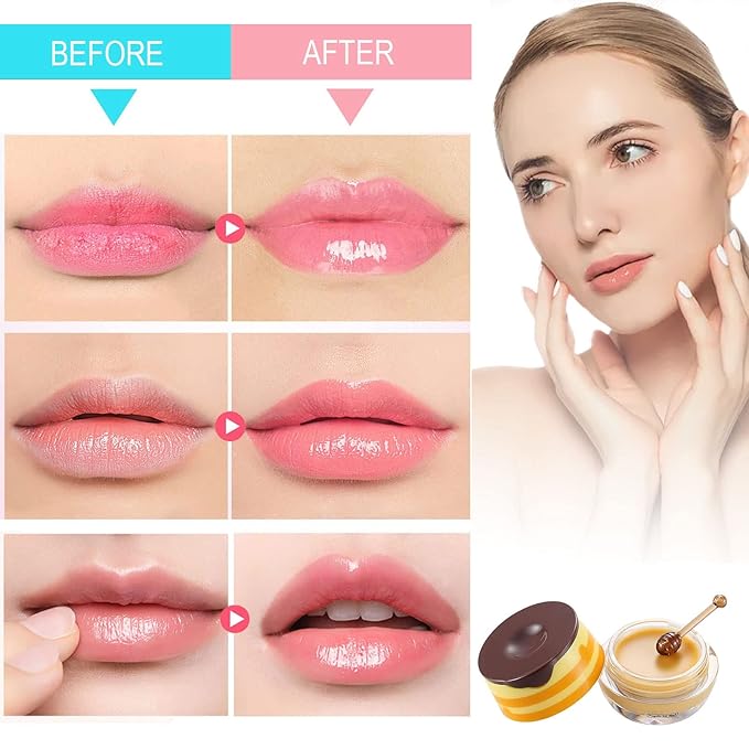 2 Pack Bee Lip Balm Honey Pot, Honey & Strawberry Lip Mask Propolis Lip Mask Moisturizing Hydrating Prevention Dry and Cracked Lip Scrubs Exfoliator (Honey+Strawberry)