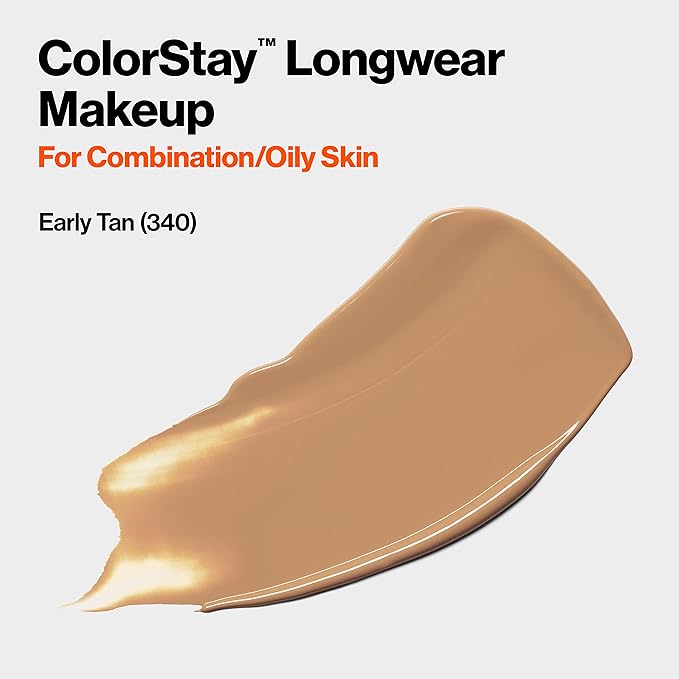 Revlon Liquid Foundation, ColorStay Face Makeup for Combination & Oily Skin, SPF 15, Medium-Full Coverage with Matte Finish, Early Tan (340), 1.0 oz