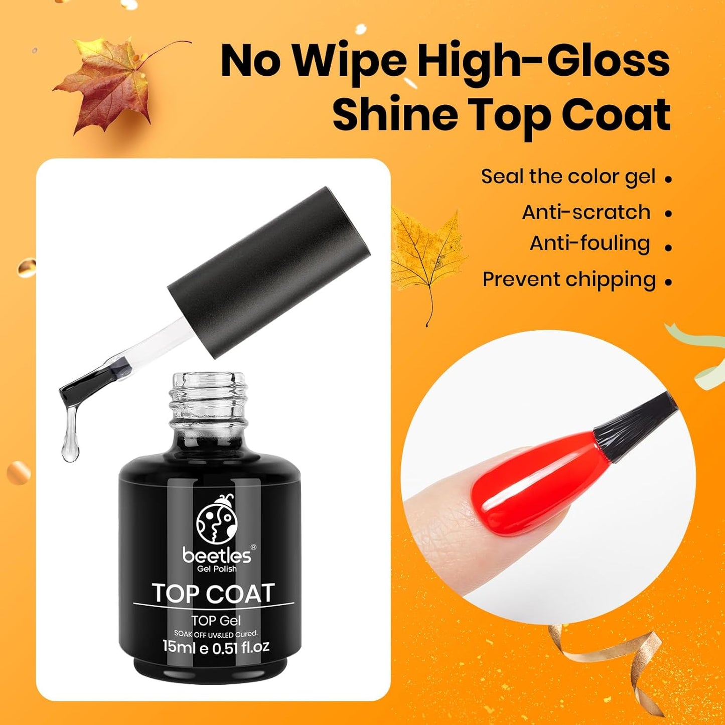 Beetles Top Coat Base Gel & Nail Glue Set-3Pcs No Wipe Top Coat Gel Nail Polish & Base Coat with 9 In 1 Nail Glue Shine Effect Long Lasting Soak Off Uv Light Lamp Diy Gift for Women & Girls
