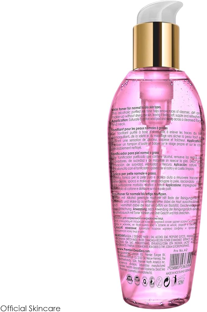 Premier Dead Sea Skin Toner Normal To Oily Skin, pH 5.5 balancing, alcoholic cleanser that is mild and gentle to skin, with natural ingredients of witch hazel and minerals 8.5fl.oz