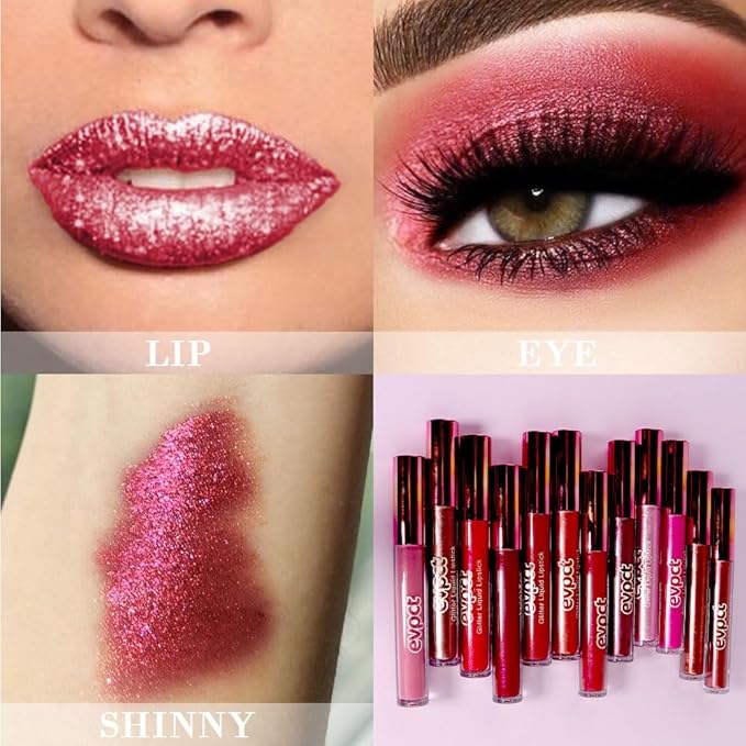 evpct 2Pcs Plum & Dark Wine Red Matte to Glitter Liquid Lipstick Long Lasting Lip Set Kit for Women Diamond Shiny Glitter Sparkly Glossy Metallic Shimmer Sparkle Waterproof Lipstick Lip Gloss 06+13