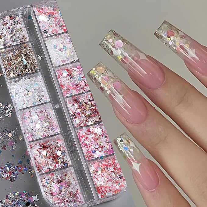 12 Grids Star Nail Art Glitter Sequins Heart Shaped Mermaid Nail Sequins Holographic Mermaid Nail Flakes Sticker Sequin Heart Nail Art Glitter for Women DIY Acrylic Nail Decoration