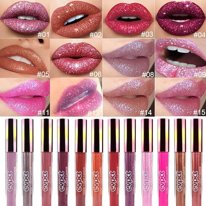 evpct 1Pcs Dark Red Glitter Metallic Shimmer Diamond Lipstick Lip Gloss Stain Set for Women Long Lasting Waterproof, Hot Bright Red Sparkle Glitter Matte long wear Liquid Lipstick Lip Makeup Kit