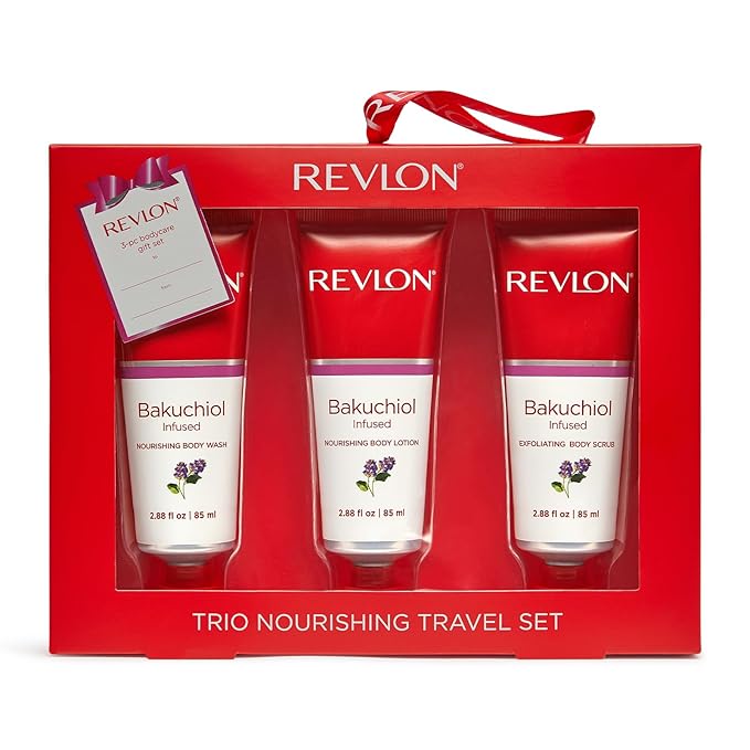 REVLON Get Carried Away Trio Nourishing Travel Set, Bakuchiol Infused, Nourishing Body Wash, Body Lotion, Exfoliating Body Scrub, 3 Count (2.88 fl oz)