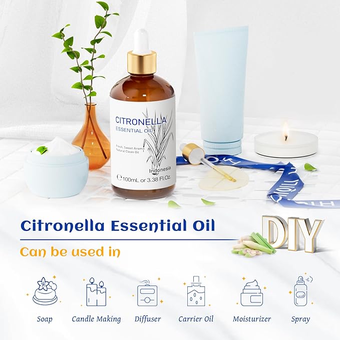 HIQILI 100ML Citronella Oil for Homemade Sprays, Add to Diffuser, 100% Pure and Natural Undiluted 3.38 Fl Oz