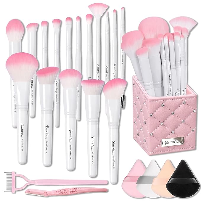 Bueart Design 16Pcs ULTRA SOFT labeled Makeup Brushes set with brush Holder face brush for Foundation Powder Blending Blush wooden Handle(16Pcs White+Pink Holder)