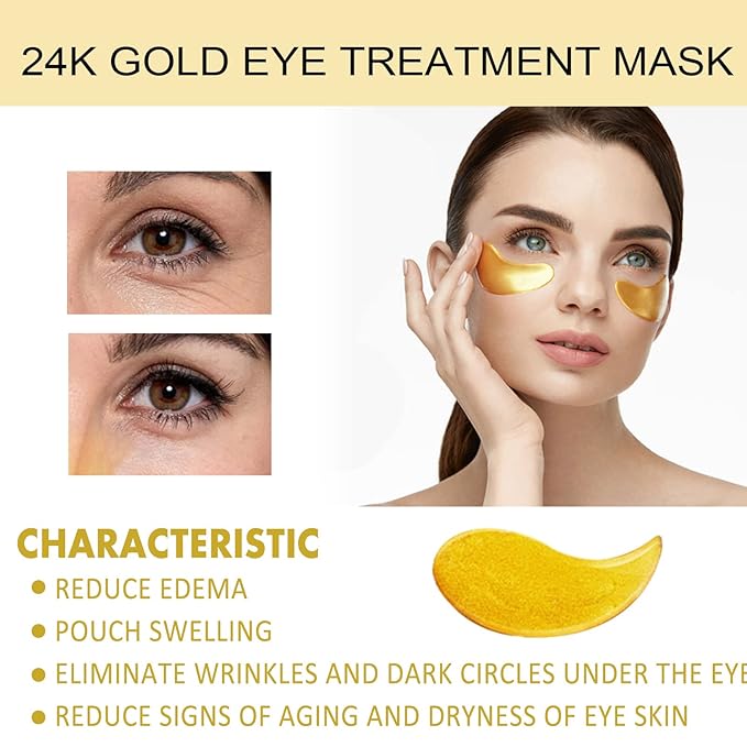 24k Gold Under Eye Patches, 60 Pcs Eye Gels, Anti-Aging Collagen Hyaluronic Acid Under Eye Mask, Under Eye Mask for Dark Circles and Puffiness, Eye Bags, Wrinkles