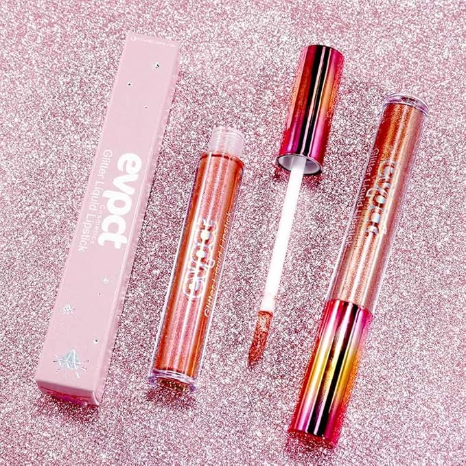 evpct 2Pcs Bronze Gold Nude Gold Matte to Glitter Liquid Lipstick Set for Women Long Lasting Glossy Metallic Shimmer Sparkle Lipstick Lip Gloss 5+14