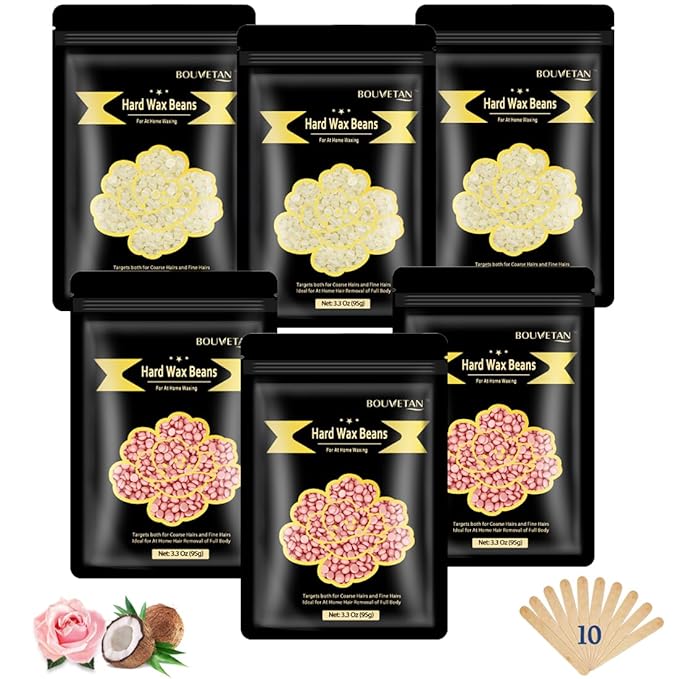 1.3Lb/21oz Hard Wax Beads for Hair Removal, Bouvetean Wax Beans for Bikini, Eyebrow, Face, Legs, Full Body Sensitive Skin Waxing with 10pcs Wax Spatulas (Pack of 6)