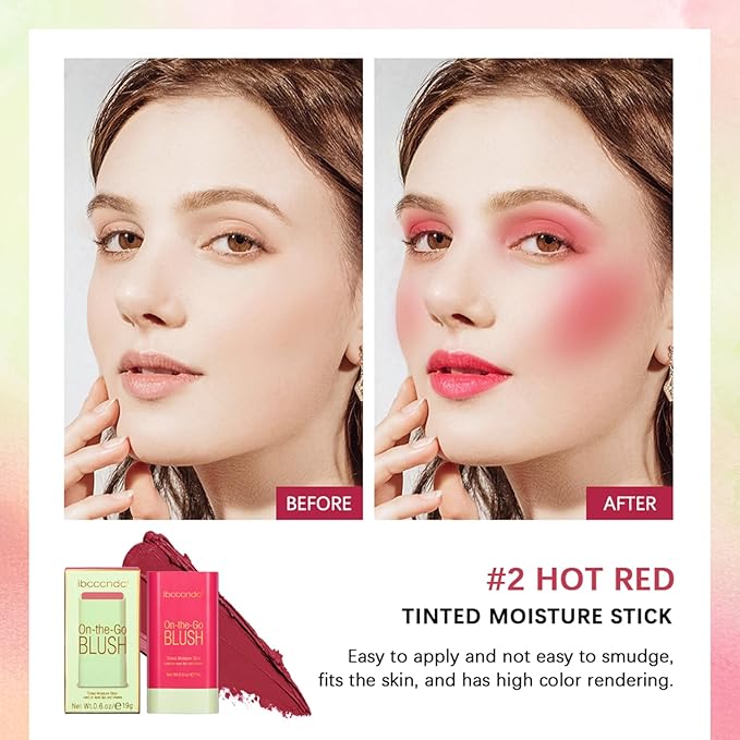 MEICOLY Multi Use Makeup Blush Stick,On-the-Go 2-in-1 Lip Cheek Cream Blush Stick,Waterproof Solid Face Blush Makeup Cheek Tint,Natural Matte Blush Stick for Cheeks,Tinted Moisture Stick,02 Hot Red