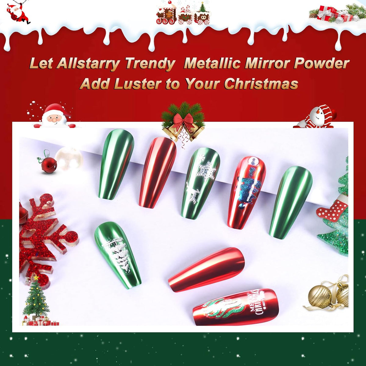 Allstarry Chrome Nail Powder - 2 Colors Red & Green Metallic Effect Mirror Glitter Powder Pigment Sparkling Holographic Manicure Magic Glitter Dust Kit for Christmas Nail Decoration